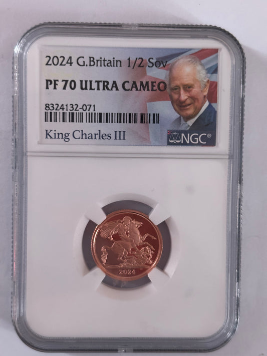 2024 UK 1/2 GOLD SOVEREIGN 2024, KING CHARLES III, 0.917 22CT GOLD, 3.99 GRAMS GOLD, NGC GRADED PF70 ULTRA CAMEO