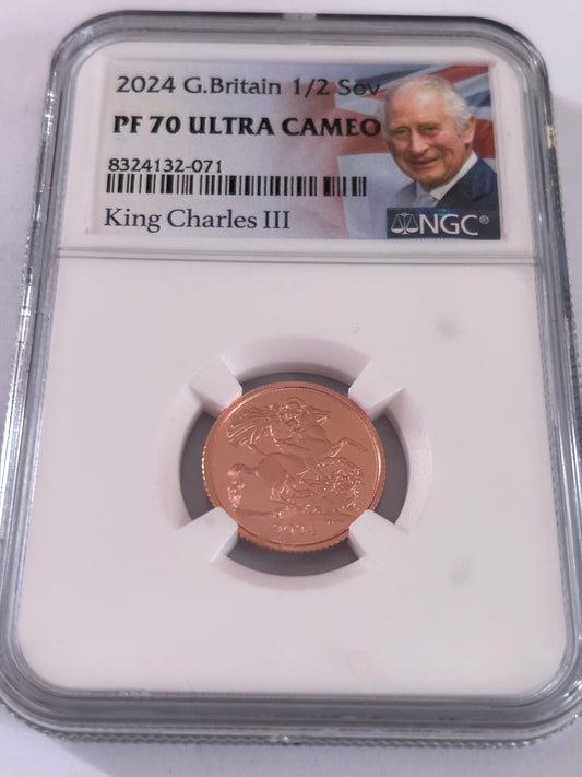 2024 UK 1/2 GOLD SOVEREIGN 2024, KING CHARLES III, 0.917 22CT GOLD, 3.99 GRAMS GOLD, NGC GRADED PF70 ULTRA CAMEO