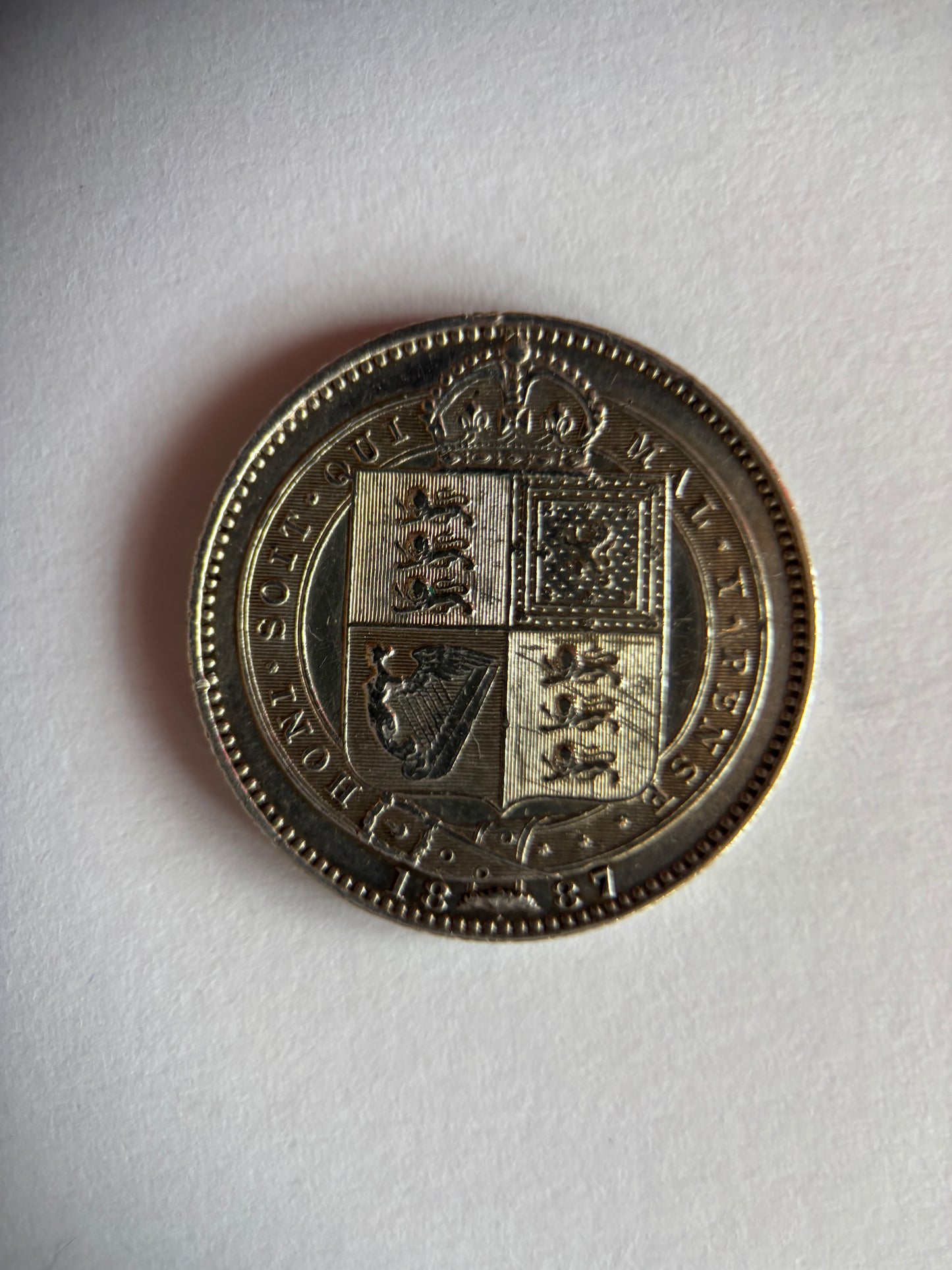 UK 1 SCHILLING, QUEEN VICTORIA, 1887, 0.925 SILVER, XF45 AVERAGE GRADE