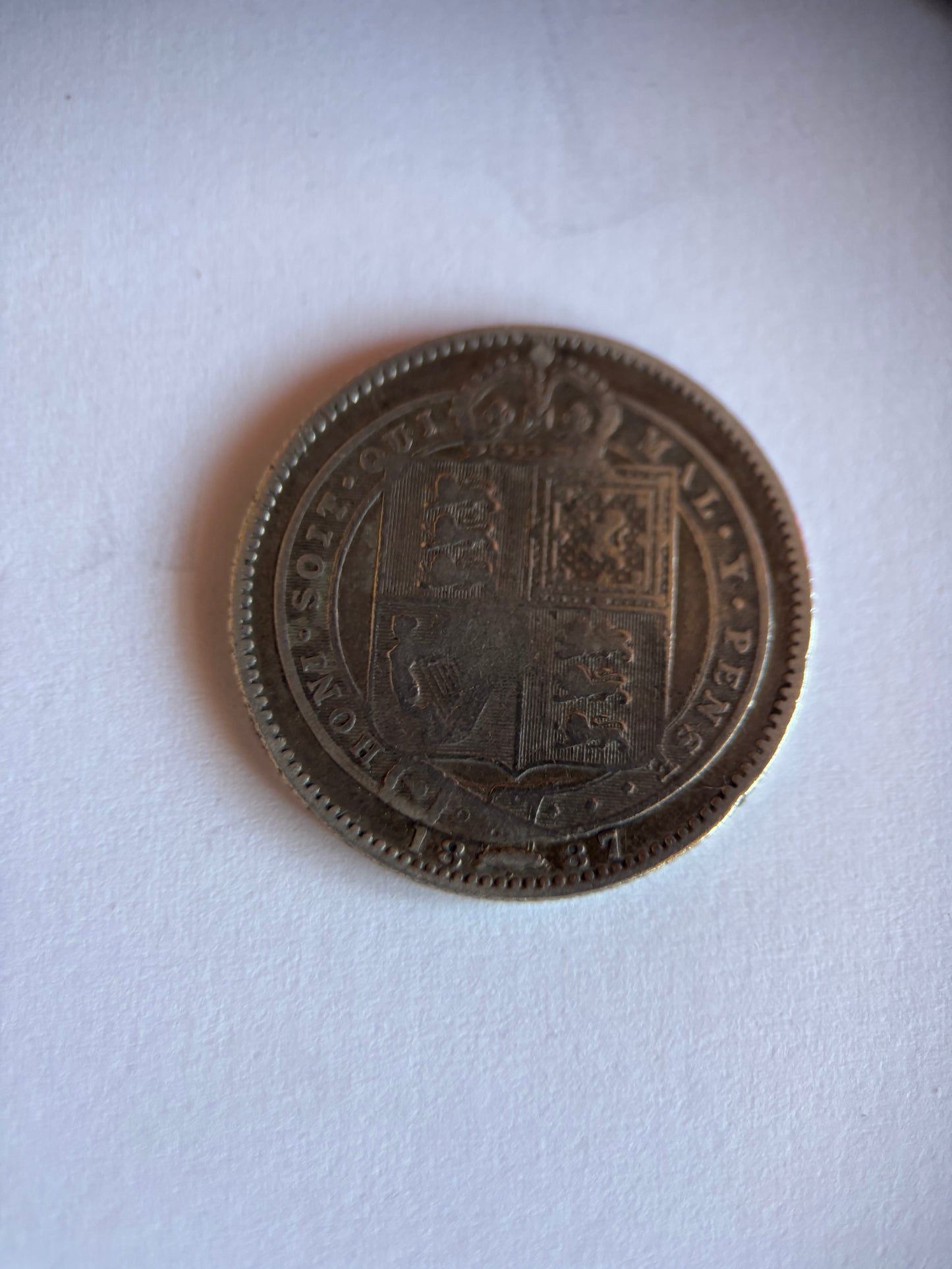 UK 1 SCHILLING, QUEEN VICTORIA, 1887, 0.925 SILVER, VF25 AVERAGE GRADE