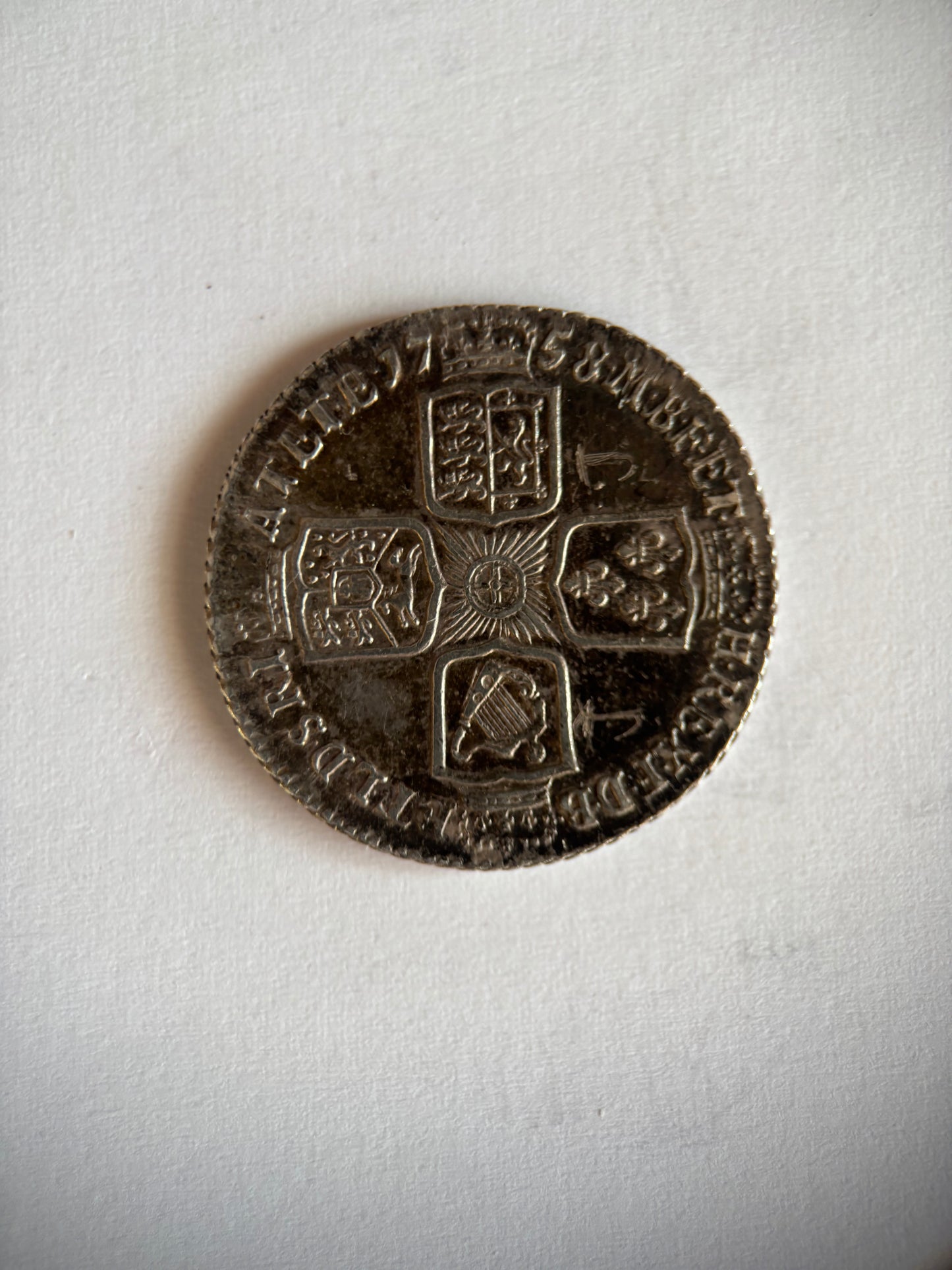 UK 1758 1 SCHILLING, GEORGE II, 0.925 SILVER, VF35 AVERAGE GRADE