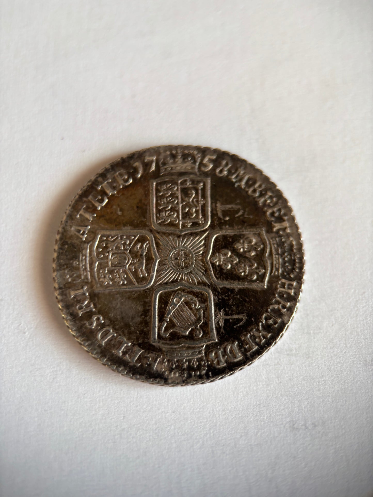 UK 1758 1 SCHILLING, GEORGE II, 0.925 SILVER, VF35 AVERAGE GRADE