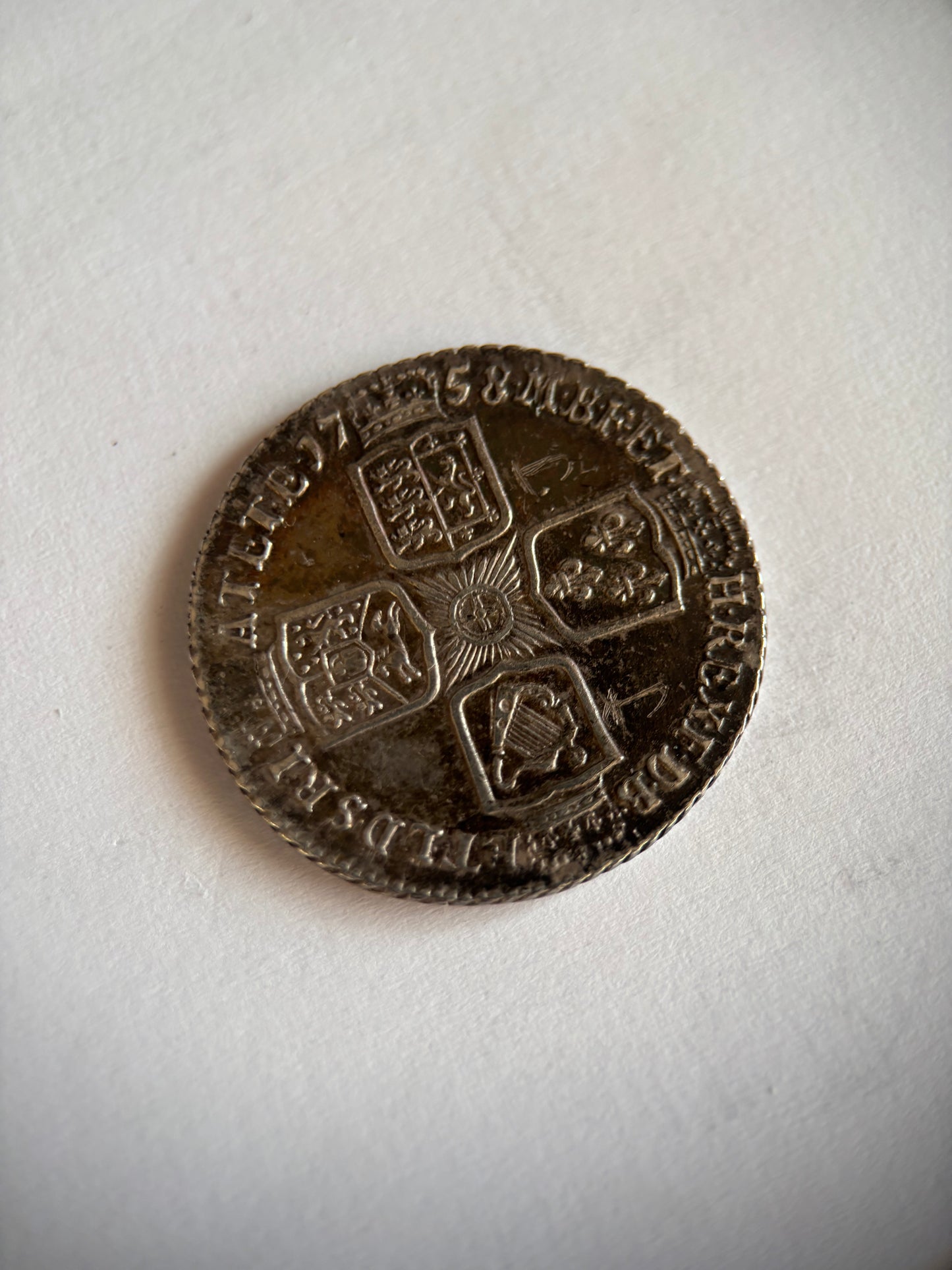 UK 1758 1 SCHILLING, GEORGE II, 0.925 SILVER, VF35 AVERAGE GRADE