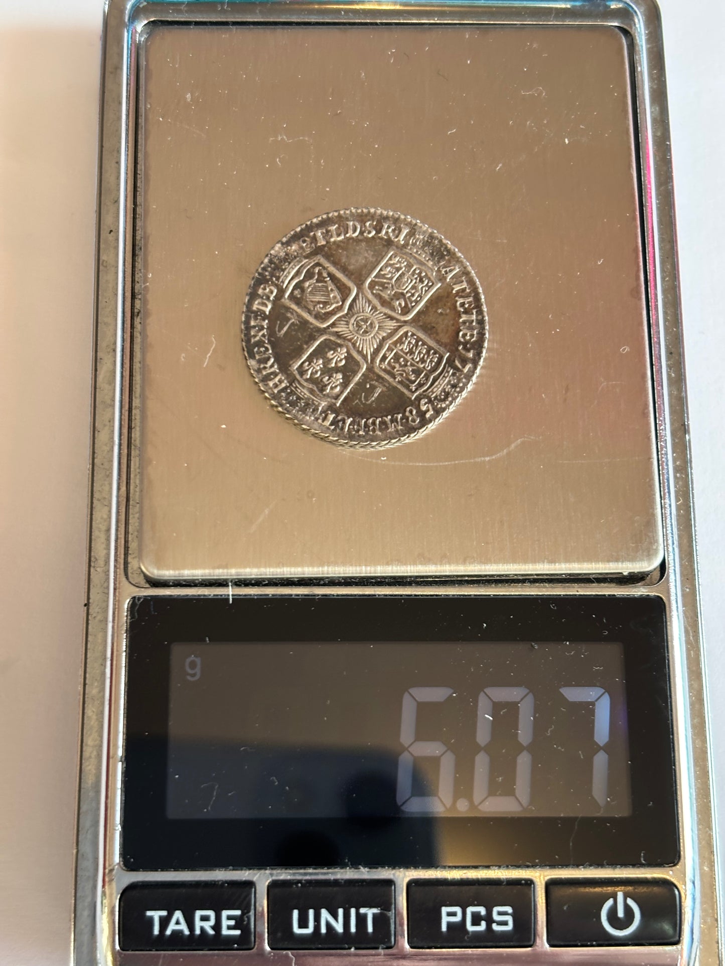 UK 1758 1 SCHILLING, GEORGE II, 0.925 SILVER, VF35 AVERAGE GRADE