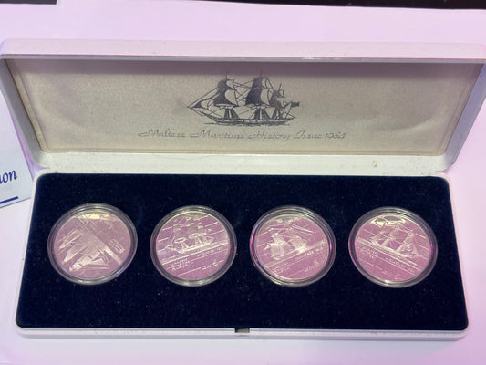 MALTA 1984 MARITIME HISTORY COIN COLLECTION, FOUR 0.925 SILVER COINS, MINT GRADE